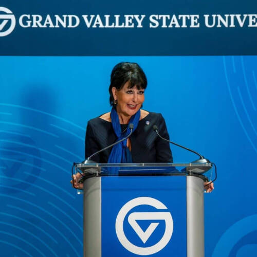 President Philomena V. Mantella speaks as part of a press conference at the DeVos Center on the City Campus announcing federal support for GVSU’s AI education initiative last month.
